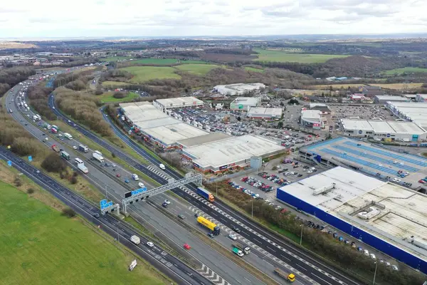 stock image Birstall UK, 4th Feb 2020: Aerial photo of the shopping complex located in the town of Birstall in Kirklees, West Yorkshire, England, shops including Ikea, the Range, Boots and many more