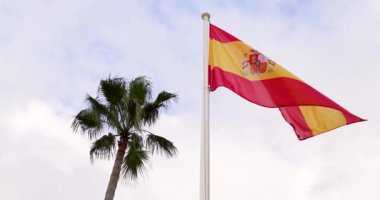 Rüzgarda dalgalanan İspanyol bayrağının yavaş çekim görüntüleri ve bayrağın arkasındaki palmiye ağacı yavaşlatılmış hareketle filme alındı.