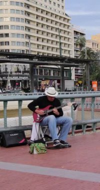 Malaga İspanya, 14 Aralık 2024: İspanya 'nın Malaga kentinin Noel zamanı çekilen portre görüntüleri, arkasında büyük bir Noel ağacı bulunan sokakta bir gitaristi gösteriyor.