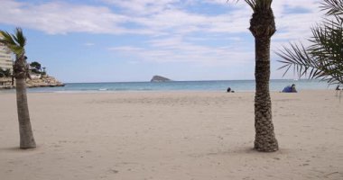 İspanya 'nın Benidorm kenti yakınlarındaki Finestrat kasabasının görüntüleri güneşli bir günde rüzgarda savrulan palmiye ağaçları ile yerel Playa de Finestrat olarak bilinen altın kumlu plajı gösteriyor.