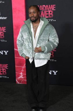 LOS ANGELES, ABD. 12 Şubat 2024: Shameik Moore, Bruin Tiyatrosu 'nda Madam Web' in galasında