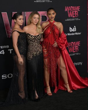 LOS ANGELES, USA. February 12, 2024: Isabela Merced, Sydney Sweeney & Celeste O'Connor at the premiere for Madame Web at the Regency Bruin Theatre clipart