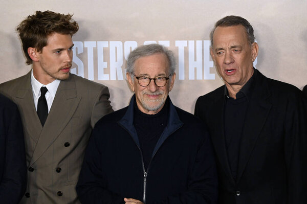 LOS ANGELES, USA. January 10, 2024: Austin Butler, Steven Spielberg & Tom Hanks  at the premiere for  Masters of the Air at the Mann Village Theatre