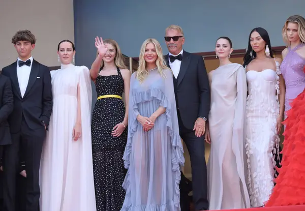 stock image CANNES, FRANCE. May 19, 2024: Hayes Costner, Jena Malone, Georgia MacPhail, Sienna Miller, Kevin Costner, Ella Hunt, Wase Chief & Abbey Lee Kershaw at the Horizon: An American Saga premiere at the 77th Festival de Cannes