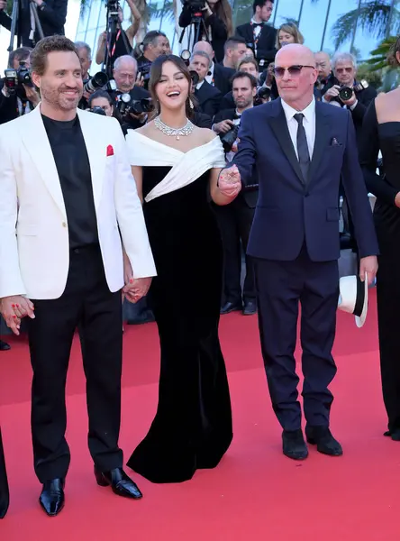 stock image CANNES, FRANCE. May 18, 2024: Edgar Ramirez, Selena Gomez & Jacques Audiard at the Emilia Perez premiere at the 77th Festival de Cannes