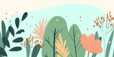 Renkli egzotik yapraklı arka plan, çiçekler. Doğa konsepti tasarımı. Modern çiçekli kompozisyonlar, basit ve modaya uygun yaz dalları. Poster, afiş ve tebrik kartı için vektör illüstrasyonu.