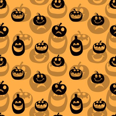 Renkli arka planda parlayan cadılar bayramı balkabaklarının kusursuz deseni. Korkutucu ve komik yüzler. Tatlı balkabağı ya da hayalet. Vektör sonbahar tatili illüstrasyonu.