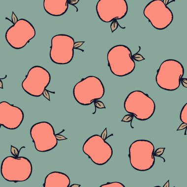 Renkli arka planda elmalı kusursuz desen. Doğal lezzetli taze olgun meyveler. Baskı, kumaş, tekstil, afiş ve tasarım için vektör çizimi. Yapraklı elmalar. Yiyecek konsepti.