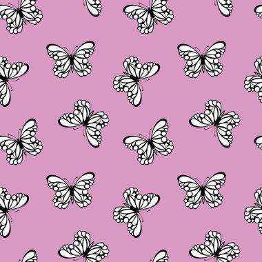 Komik renkli kelebekleri ve çiçekleri olan kusursuz bir desen. Davetiye, poster, kart, tekstil ve kumaş için renkli düz vektör çizimi. Kelebek grafik tasarım baskısı. Moda hayvan motifli duvar kağıdı.