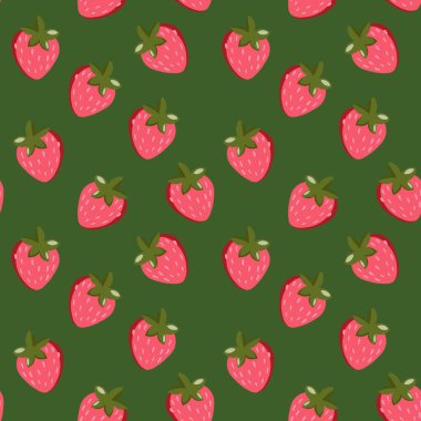 Renkli arka planda çilekli kusursuz desen. Doğal lezzetli taze olgun meyveler. Baskı, kumaş, tekstil, pankart ve diğer tasarım için vektör çizimi. Yiyecek konsepti.