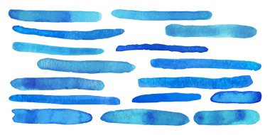 Mavi suluboya fırça darbeleri. Soyut grunge renk dokuları. Banner Sanat Koleksiyonu. Çok renkli akvaryum boyası sınır şablonunu lekeler.