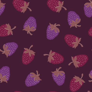 Renkli arka planda çilekli kusursuz desen. Doğal lezzetli taze olgun meyveler. Baskı, kumaş, tekstil, pankart ve diğer tasarım için vektör çizimi. Yiyecek konsepti.