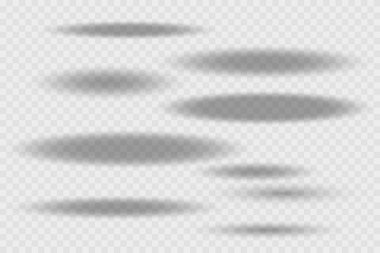 Farklı gerçekçi yuvarlak gölge, şeffaf arkaplanda yumuşak şekiller. Gri dairesel ve elips gölgeler belirlendi. Vektör illüstrasyonu.