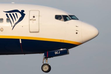 Budapeşte, Macaristan - 21 Kasım 2021: Ryanair Boeing 737-800 yolcu uçağı havaalanında. Havacılık ve uçak. Hava taşımacılığı ve seyahat. Uluslararası ulaşım. Uç ve uç.