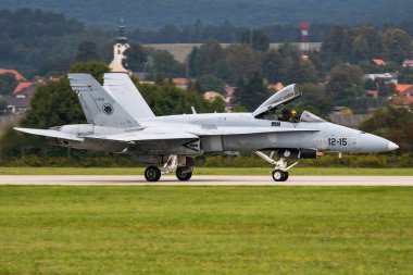 Sliac, Slovakia - September 2, 2018: Military fighter jet plane at air base. Air force flight operation. Aviation and aircraft. Air defense. Military industry. Fly and flying.