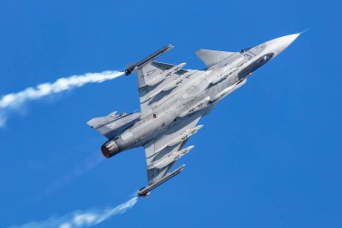 Ostrava, Çek Cumhuriyeti - 16 Eylül 2023: Macar Hava Kuvvetleri SAAB JAS 39 Gripen savaş uçağı. Havacılık ve askeri uçak.