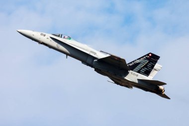 Payerne, Switzerland - September 7, 2014: Military fighter jet plane at air base. Air force flight operation. Aviation and aircraft. Air defense. Military industry. Fly and flying.