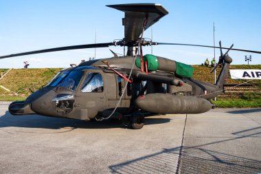 Payerne, Switzerland - September 7, 2014: Military helicopter at air base. Air force flight operation. Aviation and aircraft. Air defense. Military industry. Fly and flying.