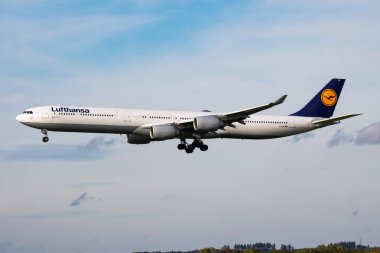Münih / Almanya - 4 Ekim 2017: Lufthansa Airbus A340-600 D-Aihk yolcu uçağı Münih Havaalanına iniş ve iniş yaptı