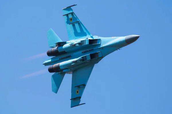 stock image Sliac, Slovakia - August 27, 2016: Military fighter jet plane at air base. Ukraine Air force Sukhoi Su-27. Aviation and aircraft. Military industry. Fly and flying.