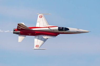 Radom, Polonya - 25 Ağustos 2023 İsviçre Hava Kuvvetleri F-5E Tiger savaş uçağı. Havacılık ve askeri uçaklar. Patrouille Suisse akrobatik takımı.