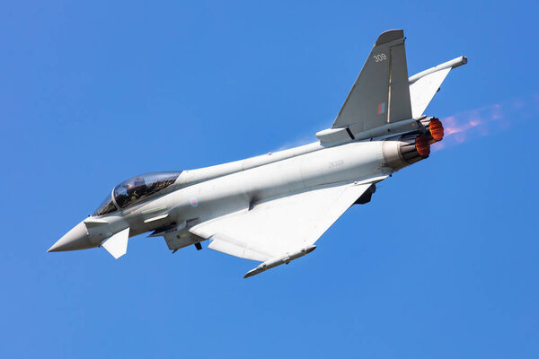 Ostrava, Czech Republic - September 16, 2023: Royal Air Force Eurofighter Typhoon fighter jet plane flying. Aviation and military aircraft.