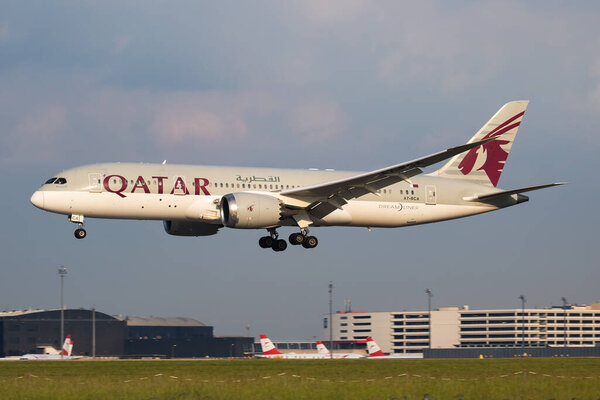 Vienna, Austria - May 13, 2018: Qatar Airways Boeing 787-8 Dreamliner A7-BCA passenger plane arrival and landing at Vienna Airport