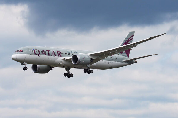 Frankfurt, Germany - August 17, 2014: Qatar Airways passenger plane at airport. Schedule flight travel. Aviation and aircraft. Air transport. Global international transportation. Fly and flying.