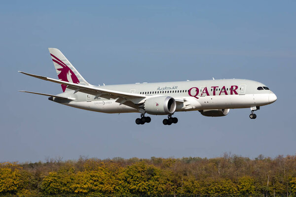 Budapest, Hungary - October 17, 2021: Qatar Airways Boeing 787-8 Dreamliner passenger plane at airport. Aviation and aircraft. Air transport and travel. International transportation. Fly and flying.