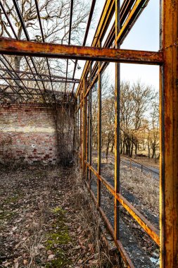 Tab, Macaristan - 24 Şubat 2021: Macar yaşlılığı ormanda kayboldu. Eski Sovyet, terk edilmiş askeri kışla ve ilgili binalar..