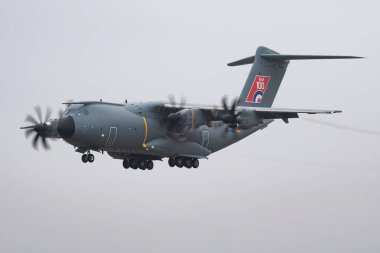 FAIRFORD / UNITED KINGDOM - JULY 12, 2018: Airbus A400M Atlas EC-400 transport plane arrival and landing for RIAT Royal International Air Tattoo 2018 airshow