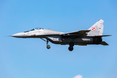 Radom, Poland - August 24, 2023: Polish Air Force Lockheed Mikoyan-Gurevich MiG-29 Fulcrum fighter jet plane flying. Aviation and military aircraft. clipart