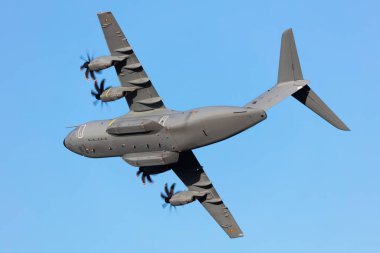 Papa, Hungary - May 14, 2024: Spanish Air Force Airbus A400M Atlas strategic and tactical transport plane at Air Base. Military flight. Aviation and aircraft flying. clipart