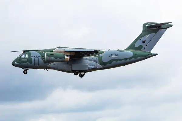 stock image Kecskemet, Hungary - August 27, 2021: Embraer KC-390 Millennium. Military transport plane at air base. Air force flight operation. Aviation and aircraft. Air lift. Military industry. Fly and flying.