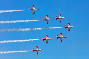 Zeltweg, Avusturya - 4 Eylül 2019: İspanyol Hava Kuvvetleri Patrulla Aguila akrobatik gösteri ekibi. Havacılık ve uçak. Hava kuvvetleri. Askeri endüstri. Uç ve uç.