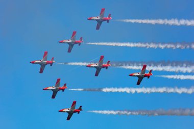Zeltweg, Avusturya - 4 Eylül 2019: İspanyol Hava Kuvvetleri Patrulla Aguila akrobatik gösteri ekibi. Havacılık ve uçak. Hava kuvvetleri. Askeri endüstri. Uç ve uç.