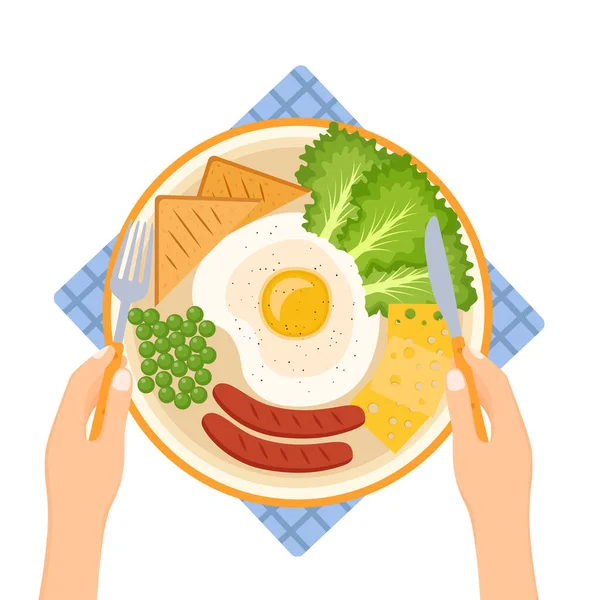 Manos Sosteniendo Tenedor Cuchillo Placa Con Huevo Frito Guisantes Salchichas — Vector de stock