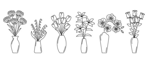 一套装着花的花瓶的轮廓 花瓶中线花束的采集 矢量图解 — 图库矢量图片