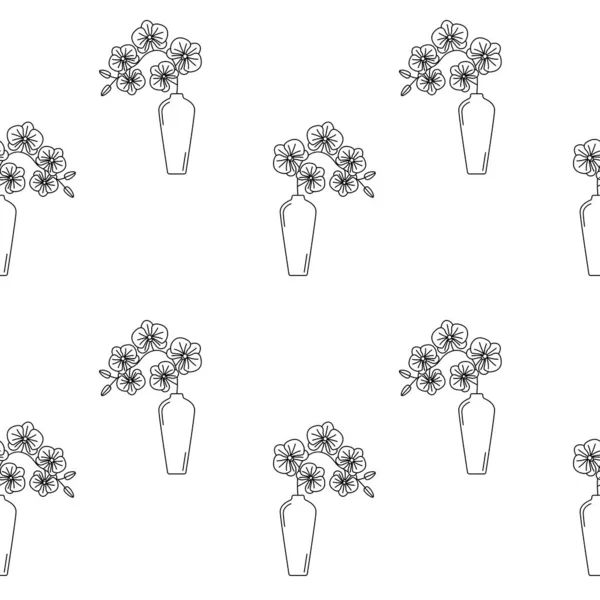 蘭と花瓶の輪郭とシームレスなパターン ベクターイラスト — ストックベクタ