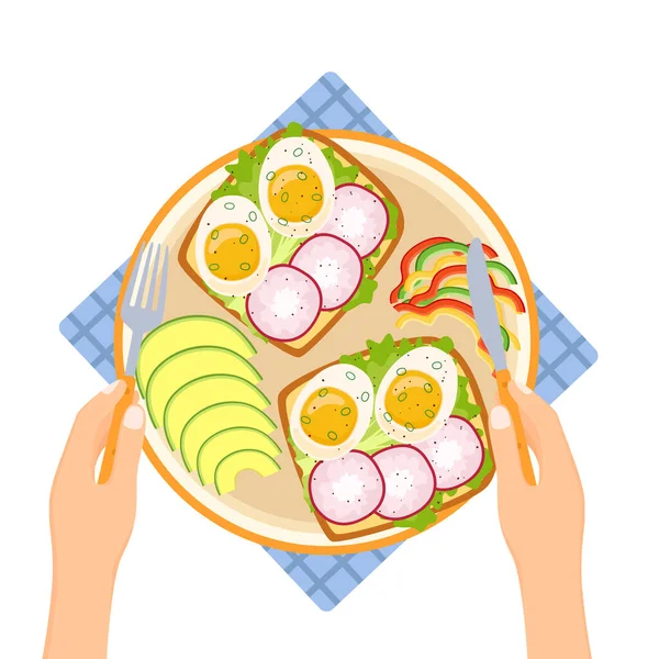 Χέρια Κρατάνε Πιρούνι Και Μαχαίρι Πιάτο Αβοκάντο Πιπέρι Τοστ Αυγό — Διανυσματικό Αρχείο