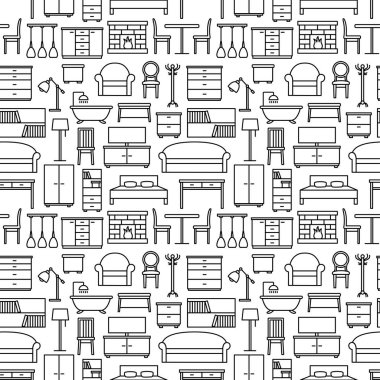 Mobilya simgeleriyle kusursuz desen, vektör illüstrasyonu