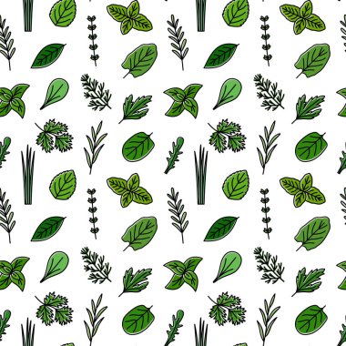 Mutfak bitkilerinin renk simgeleriyle kusursuz desen, vektör illüstrasyonu