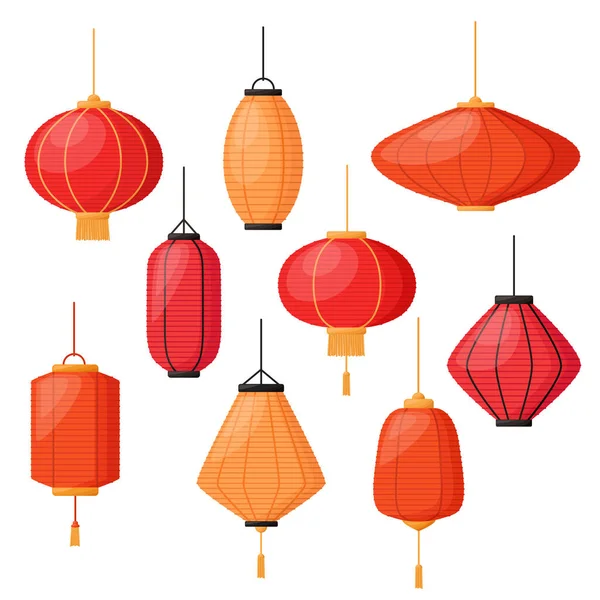 Ensemble Lanternes Style Asiatique Décorations Nouvel Chinois Illustration Vectorielle — Image vectorielle