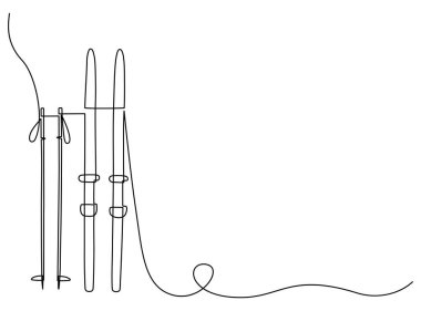 Continuous one line drawing of skis and ski poles. Vector illustratio