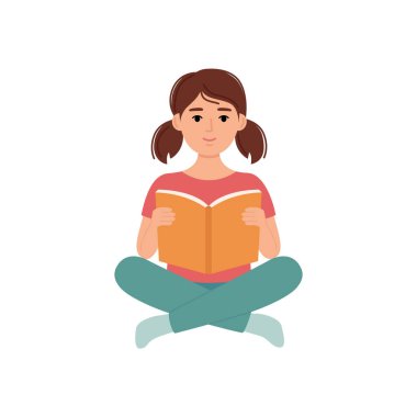 Güzel kız oturuyor ve kitap okuyor. Vektör illüstrasyonu