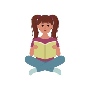 Güzel kız oturuyor ve kitap okuyor. Vektör illüstrasyonu