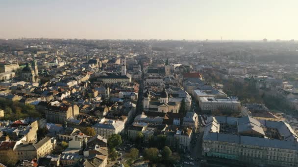 Den Gamla Staden Lviv Från Fågelperspektiv Panorama Över Den Gamla — Stockvideo