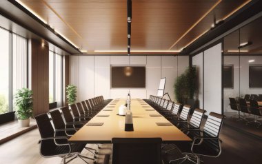 Gökdelendeki konferans salonunun binası, şehre bakan büyük panoramik pencereler..