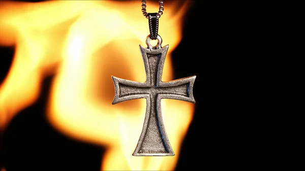 Christian Religion Symbol Cross on Fire Flames