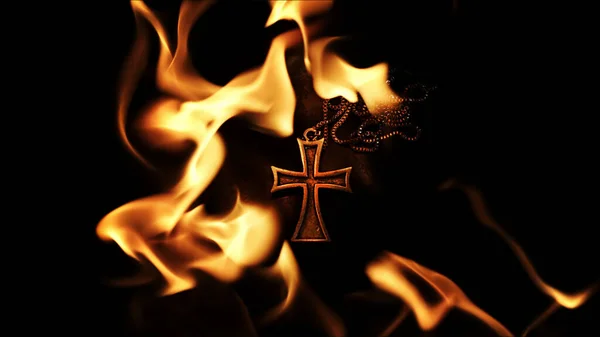Kristna Religionen Symbol Cross Fire Flames Stockbild